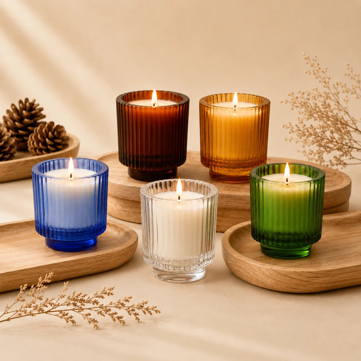 Lavender Classic Ribbed Glass Soy Wax Candle | 5 Colours — Hand-Blown Glass from Firozabad, India | Wellness & Self-Care G...