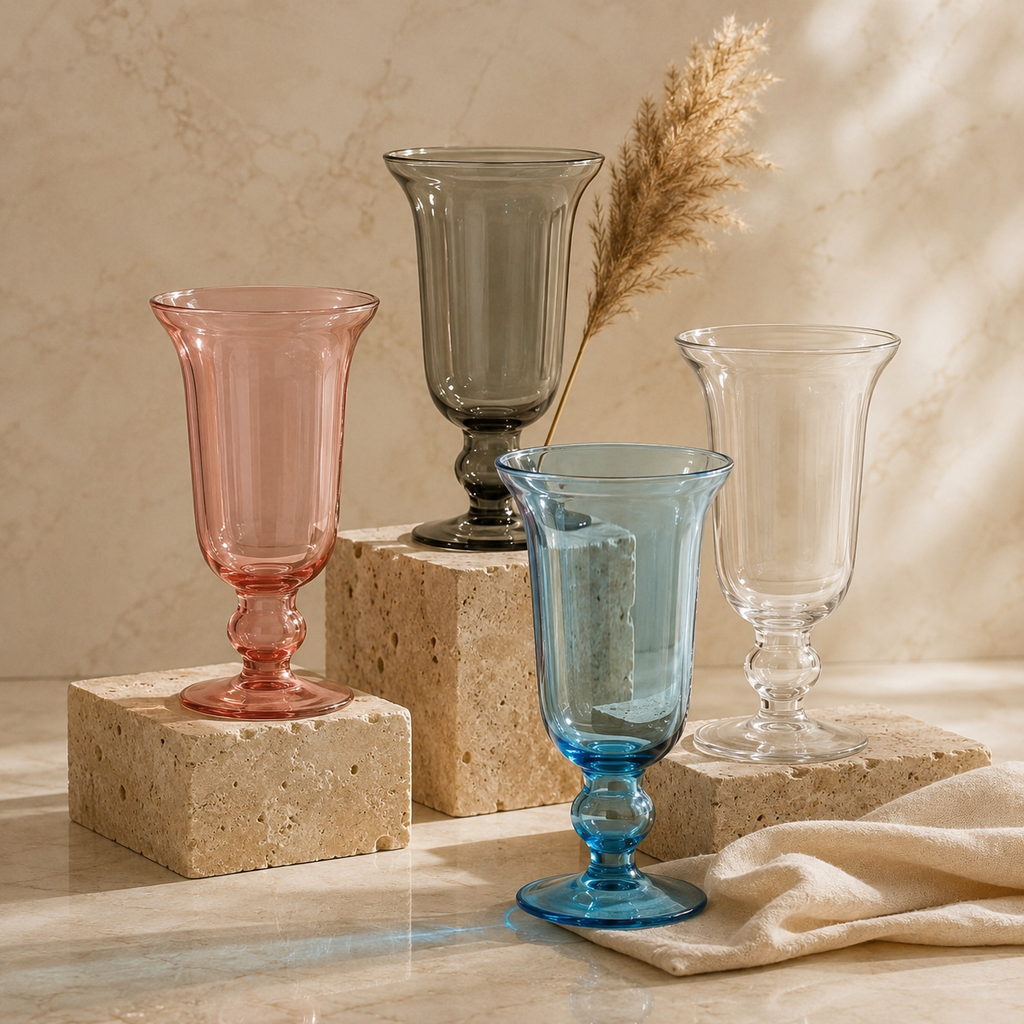 Baroque Chalice Smooth Glass Vase — Hand-Blown Glass from Firozabad, India — Side Angle View