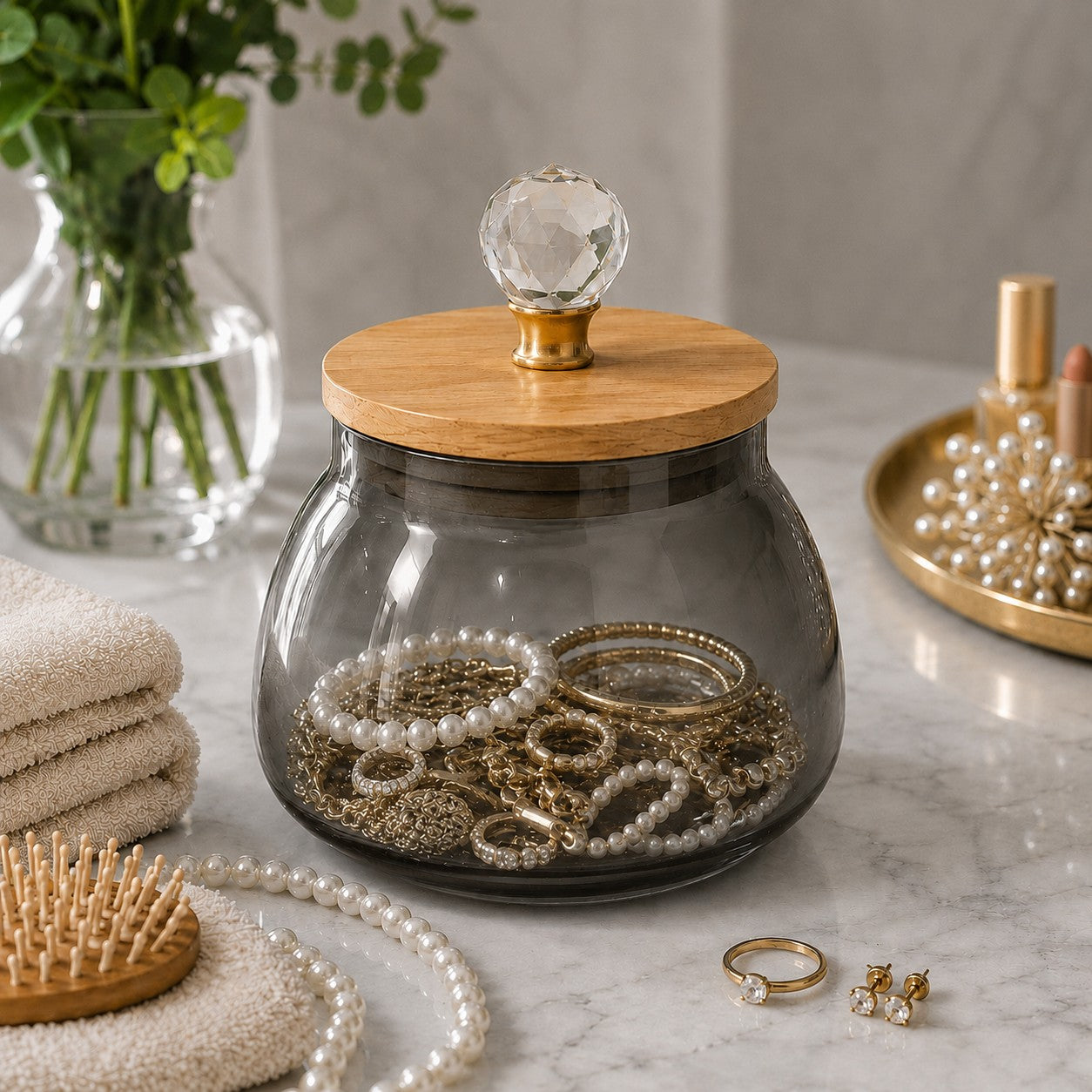 Bulbous Glass Jar | Wood & Crystal Lid — Castle Crafts