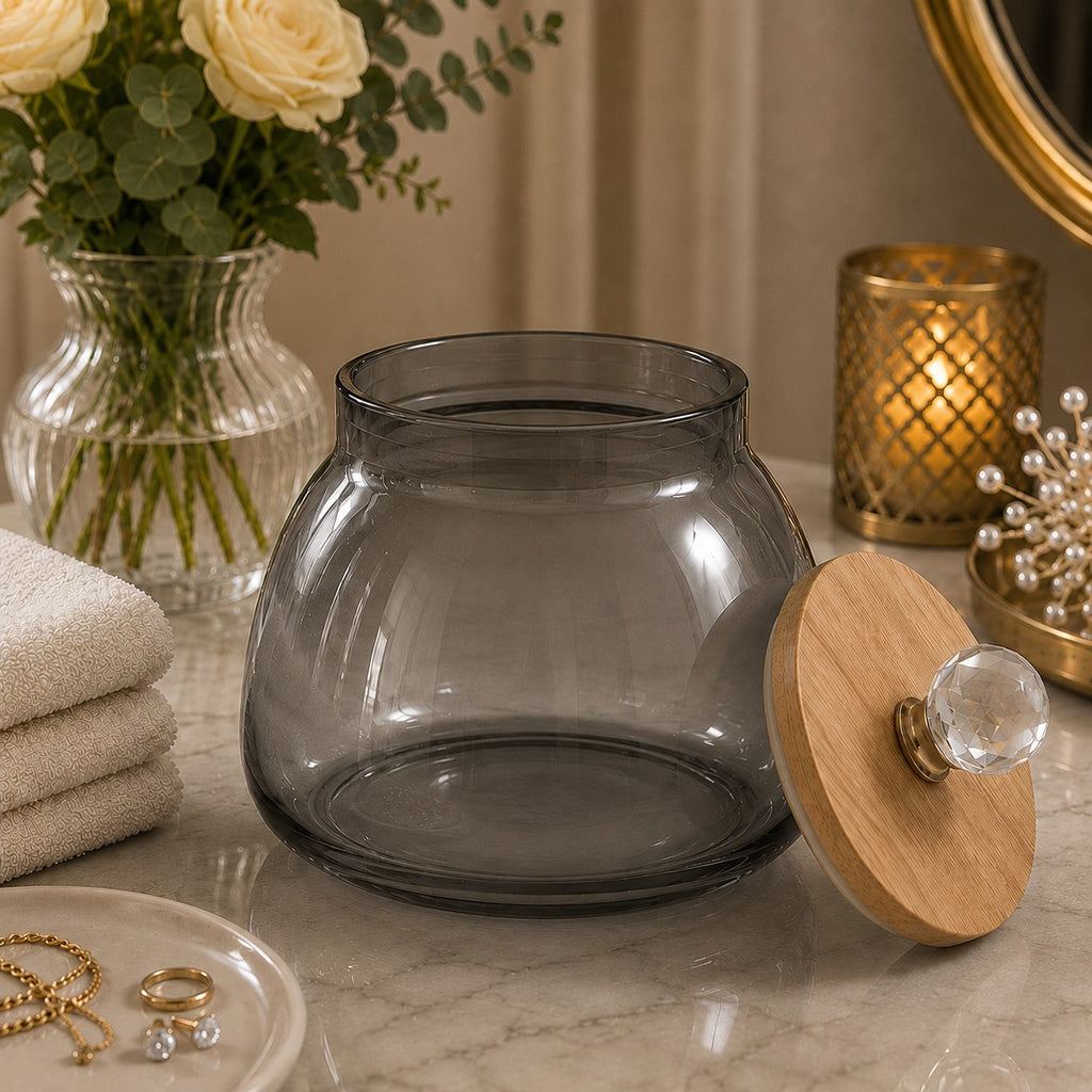 Bulbous Glass Jar | Wood & Crystal Lid — Castle Crafts
