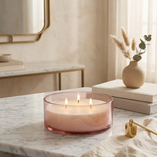 Oud 3-Wick Large Glass Bowl Candle | Premium Luxury Gift — Hand-Blown Glass from Firozabad, India — Festive Styling