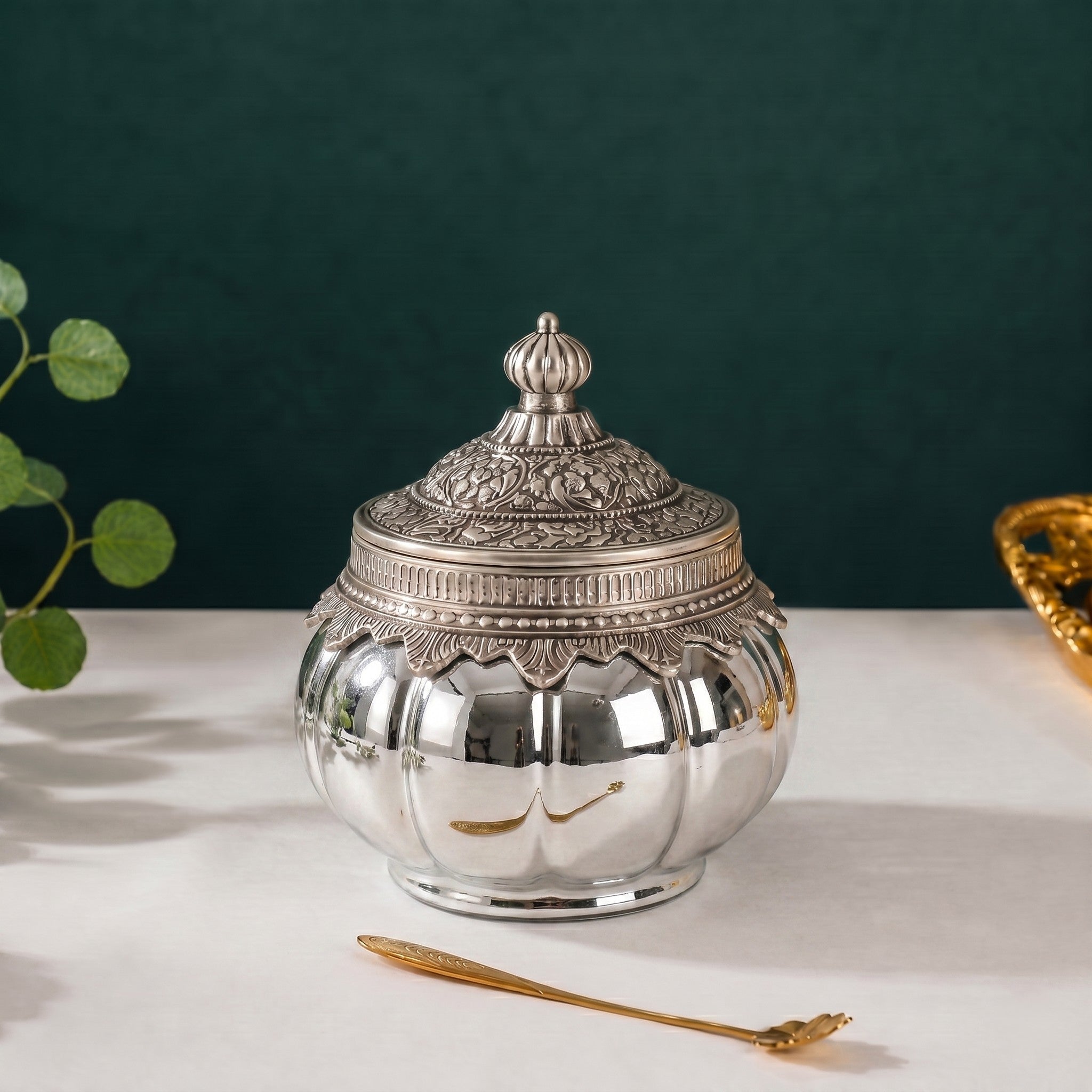 German Silver Pumpkin Jar | Embossed Lid — Castle Crafts