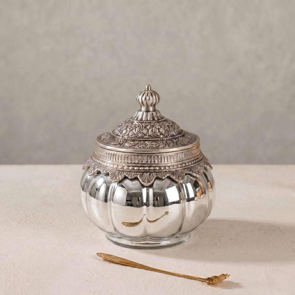 German Silver Pumpkin Jar | Embossed Lid — Castle Crafts