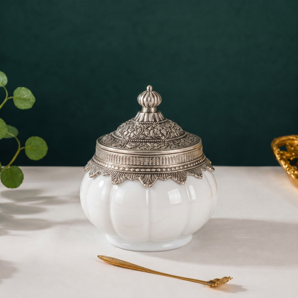 White Ceramic Pumpkin Jar | German Silver Lid — Castle Crafts