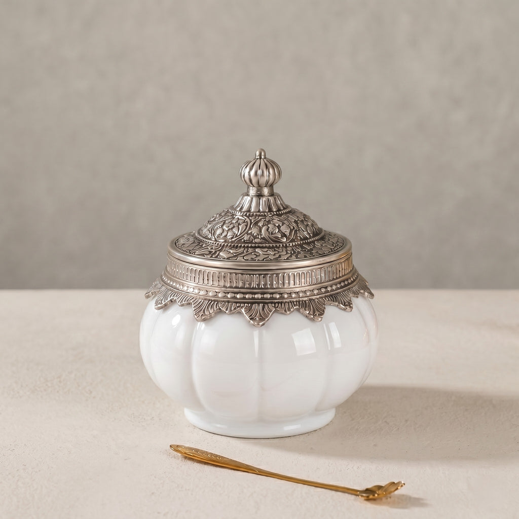 White Ceramic Pumpkin Jar | German Silver Lid — Castle Crafts