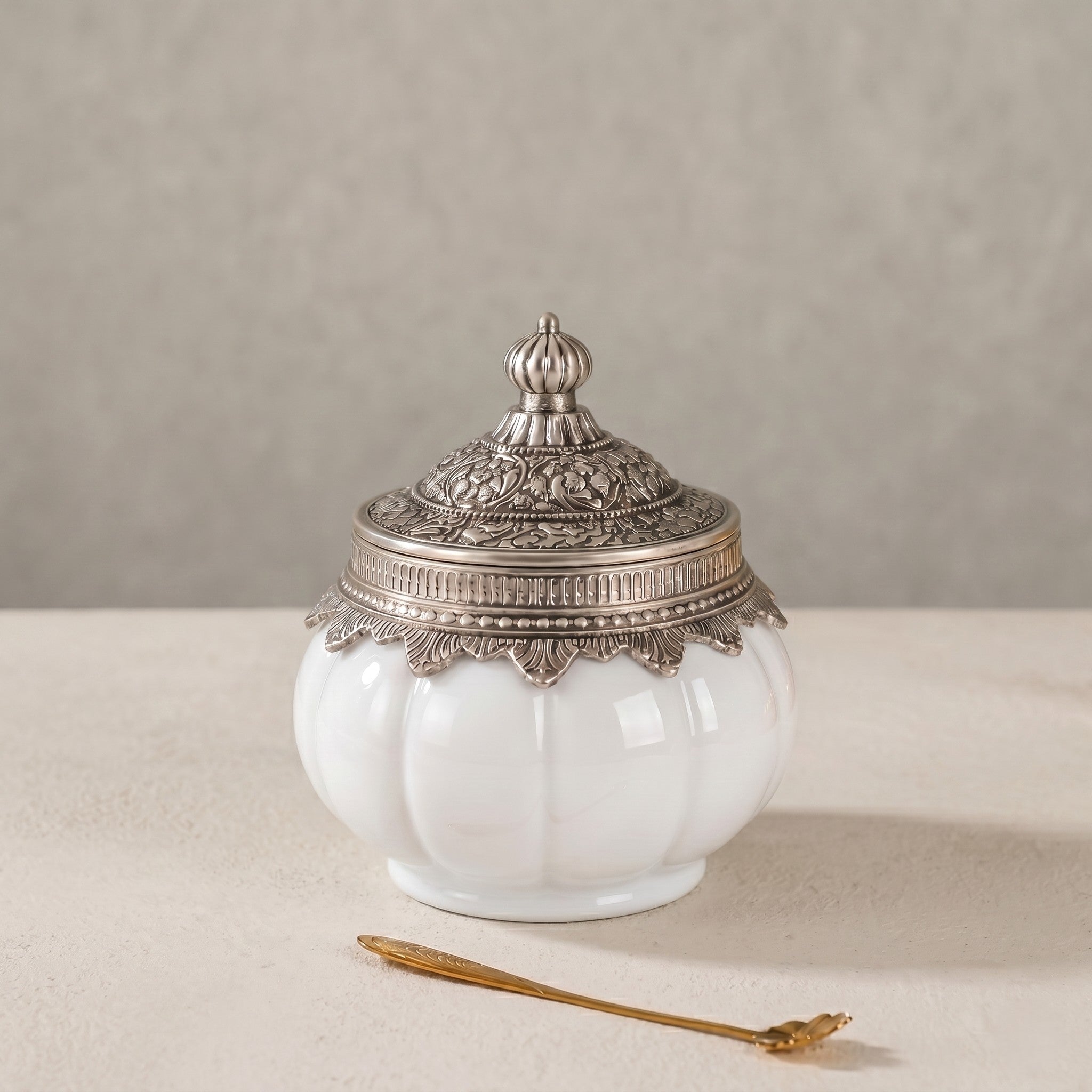 White Ceramic Pumpkin Jar | German Silver Lid — Castle Crafts