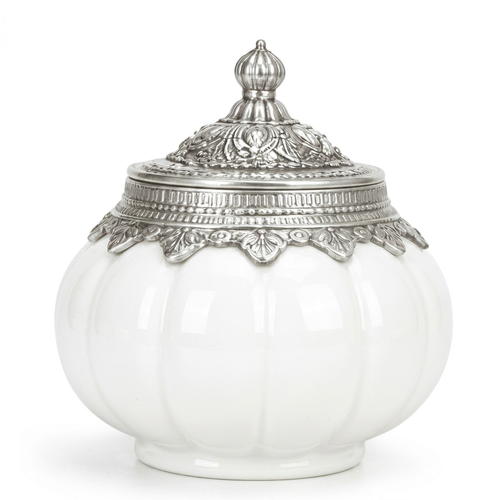 White Ceramic Pumpkin Jar | German Silver Lid — Castle Crafts
