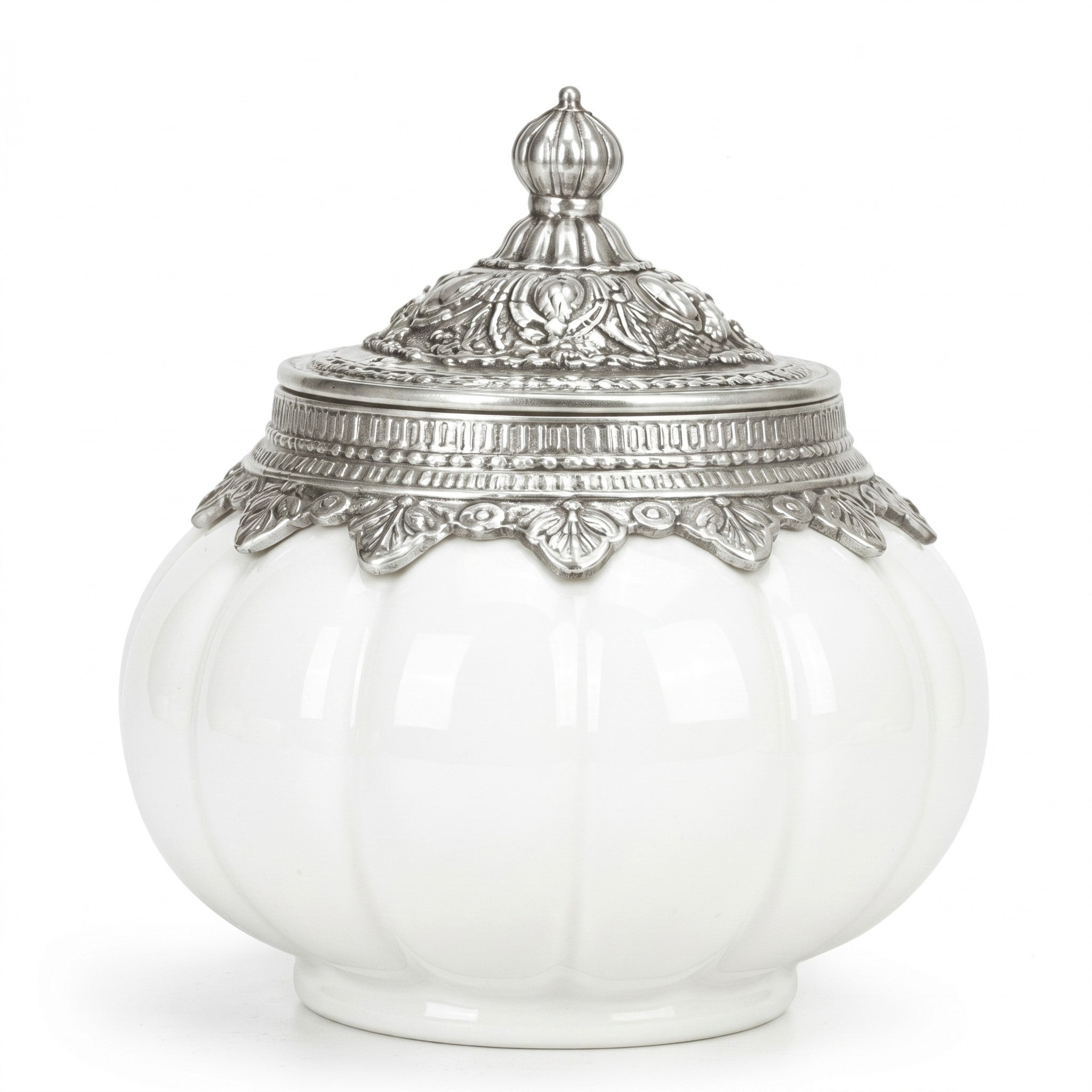 White Ceramic Pumpkin Jar | German Silver Lid — Castle Crafts