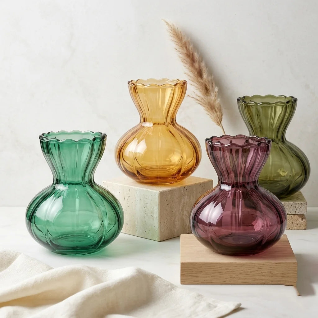 Vintage Ruffle Ribbed Glass Vase — Hand-Blown Glass from Firozabad, India | Floral Arrangements & Home Styling