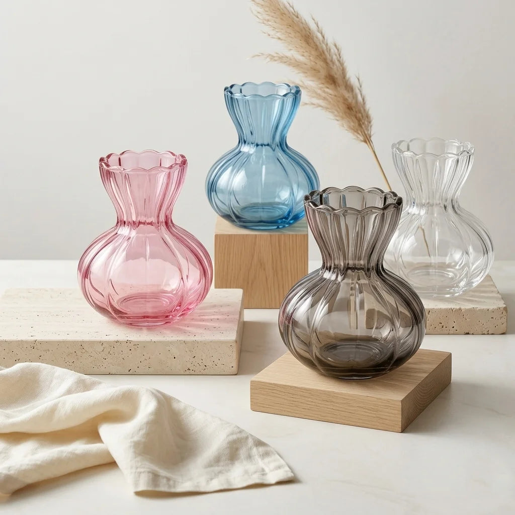 Pastel Ruffle Ribbed Glass Vase — Hand-Blown Glass from Firozabad, India | Floral Arrangements & Home Styling