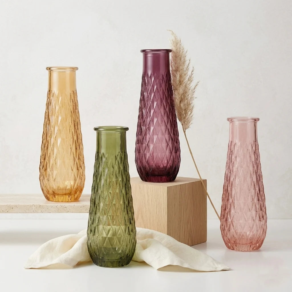 Diamond Lattice Slim Glass Vase — Hand-Blown Glass from Firozabad, India | Tabletop Décor & Small Floral Arrangements