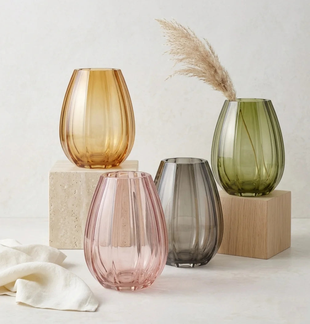 Opulent Fluted Oval Glass Vase — Hand-Blown Glass from Firozabad, India | Floral Arrangements & Home Styling