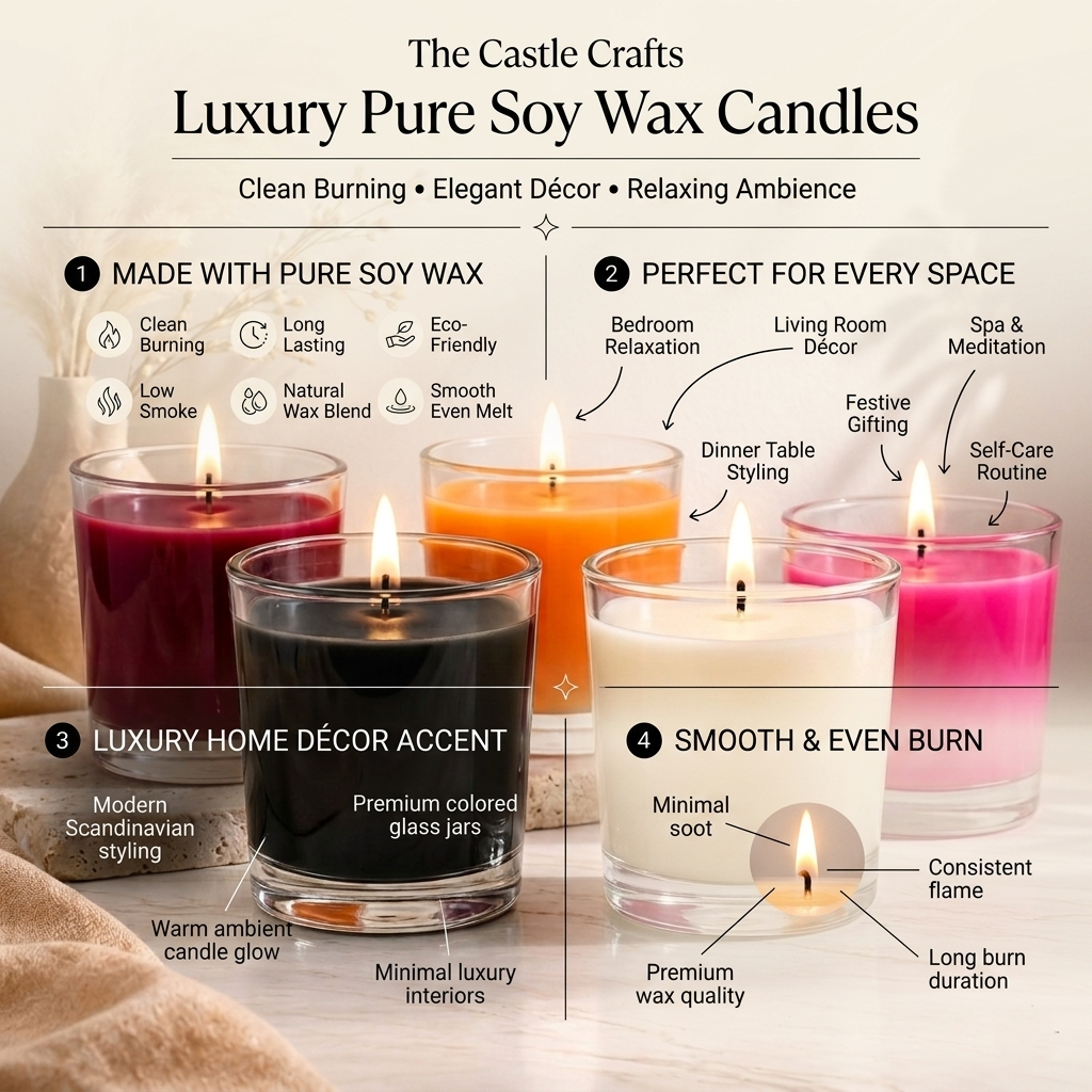 Large Bold Coloured Wax Candle | Clear Glass | 46Hr Burn | 5 Rich Shades — Castle Crafts