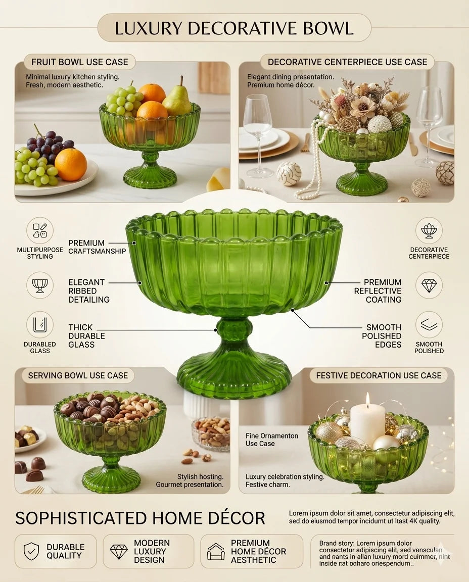 Emerald Green Ribbed Compote Bowl | Beaded Pearl Rim | Jewel-Tone Luxury — Castle Crafts