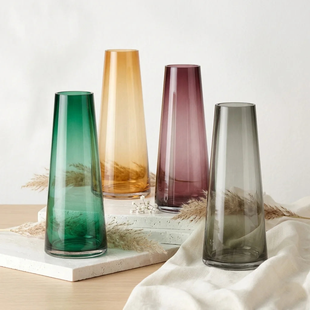 Tapering Cone Tall Glass Vase — Hand-Blown Glass from Firozabad, India | Statement Floral & Luxury Home Décor