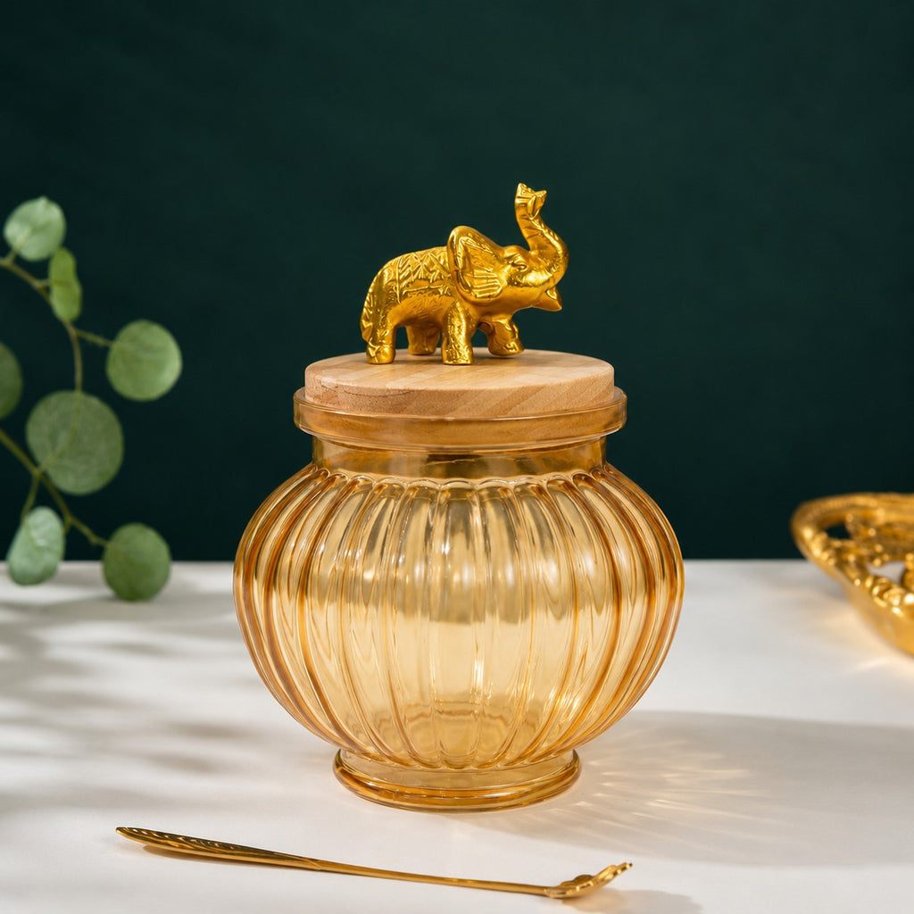 Ribbed Amber Glass Jar | Elephant Lid — Castle Crafts