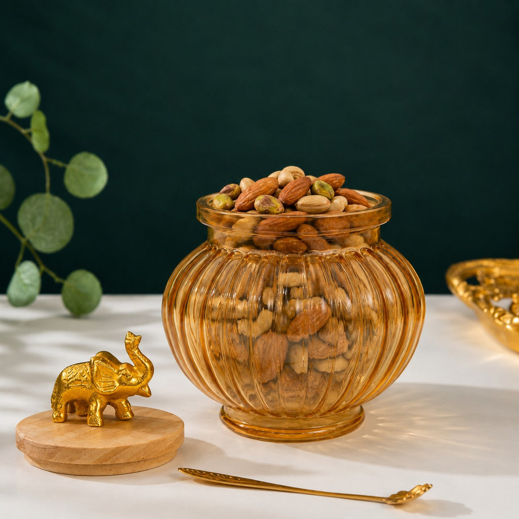 Ribbed Amber Glass Jar | Elephant Lid — Castle Crafts
