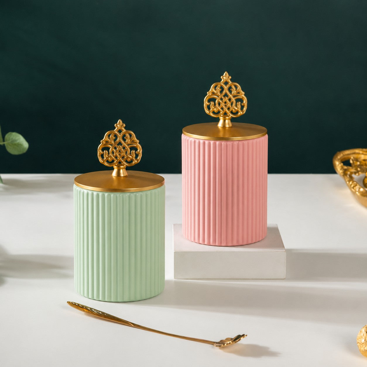 Ribbed Ceramic Jar | Arabesque Lid | 2 Colors — Castle Crafts