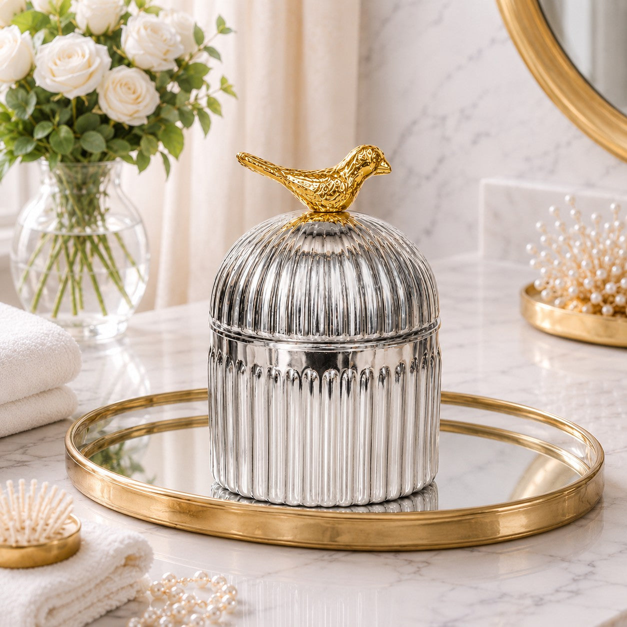 Ribbed Glass Bird Jar | Gold Finial | 3 Sizes — Castle Crafts