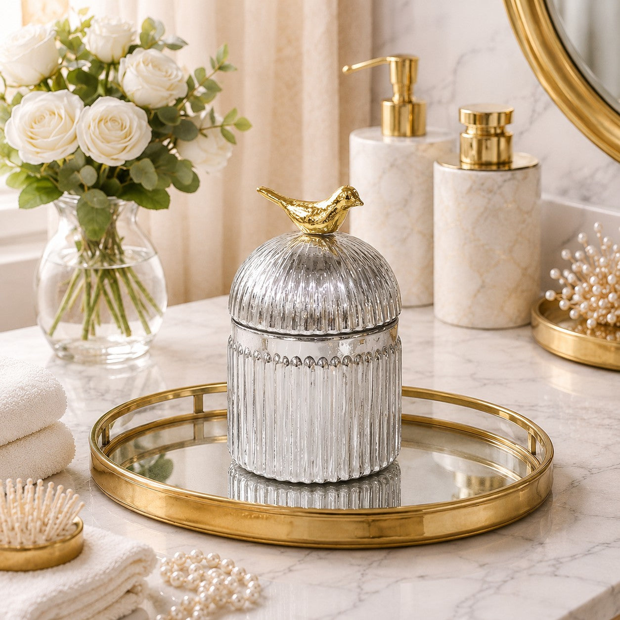 Ribbed Glass Bird Jar | Gold Finial | 3 Sizes — Castle Crafts