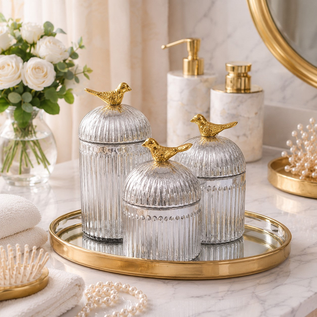 Ribbed Glass Bird Jar | Gold Finial | 3 Sizes — Castle Crafts