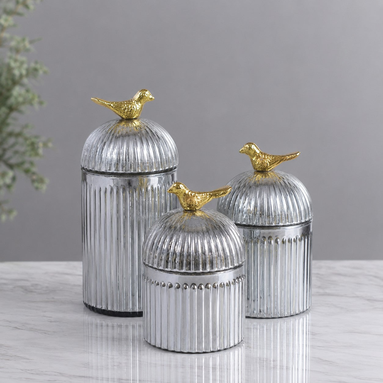 Ribbed Glass Bird Jar | Gold Finial | 3 Sizes — Castle Crafts