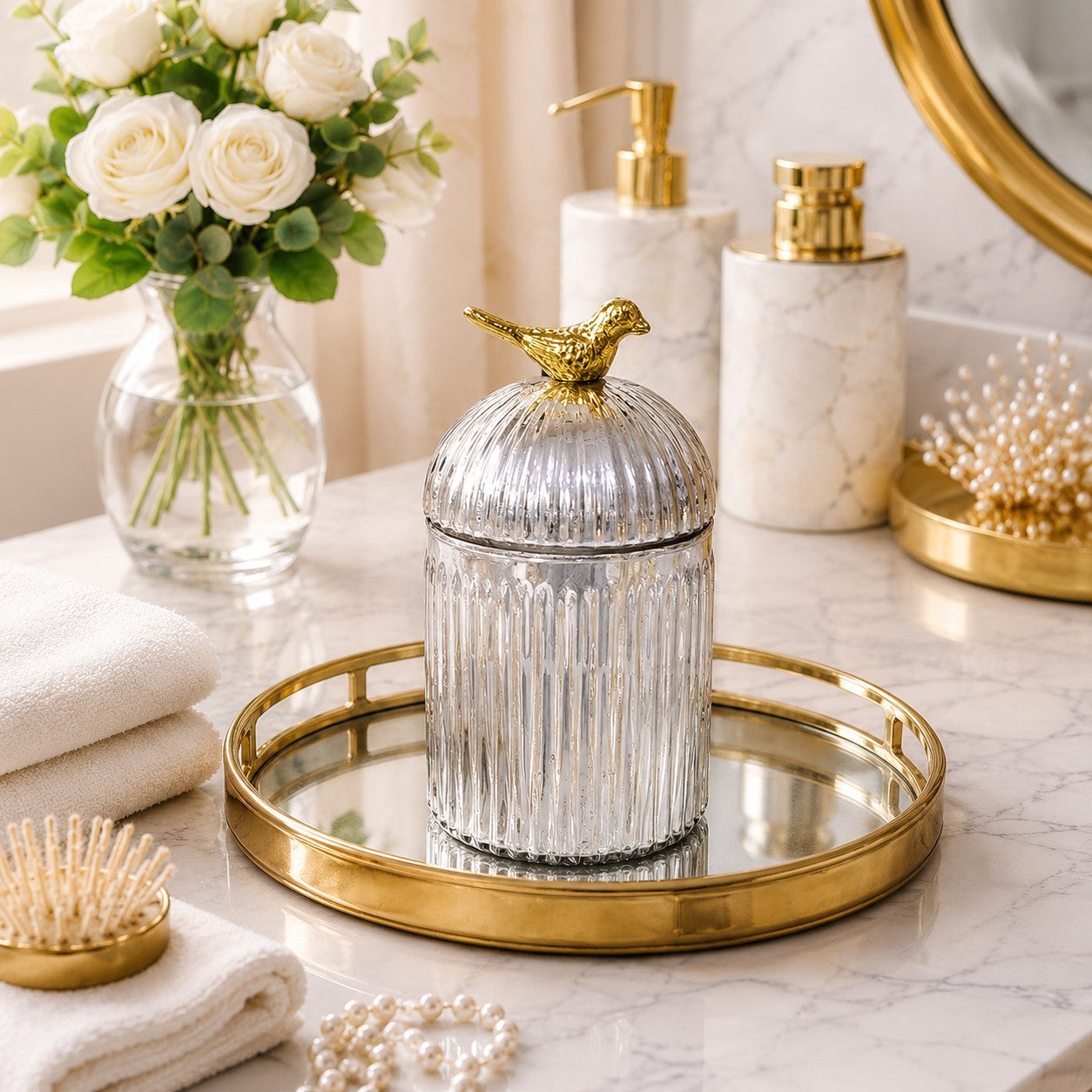 Ribbed Glass Bird Jar | Gold Finial | 3 Sizes — Castle Crafts