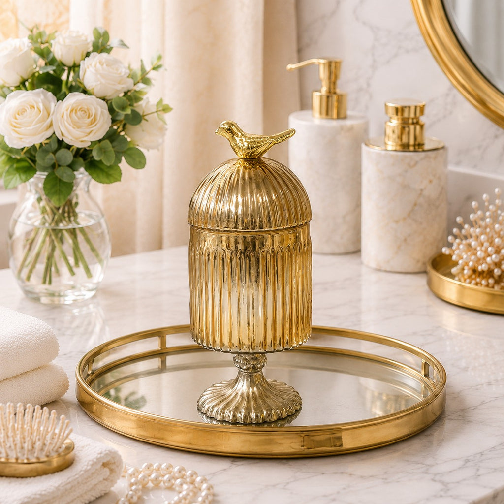 Gold Footed Glass Jar | Bird Dome Lid — Castle Crafts