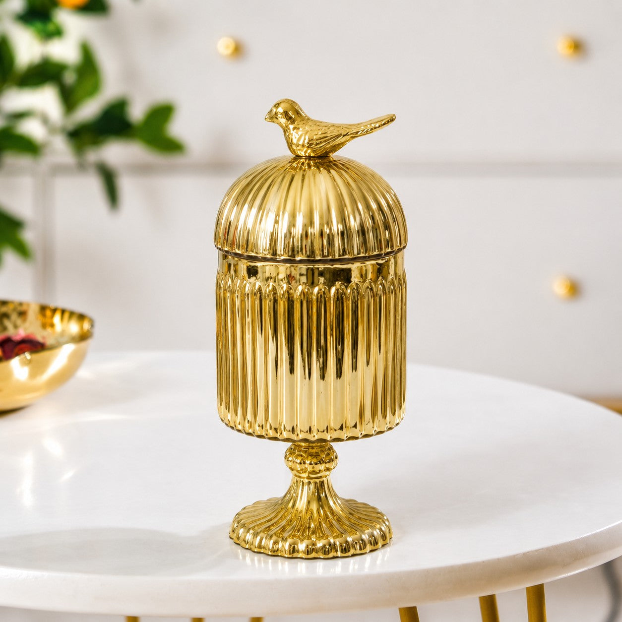 Gold Footed Glass Jar | Bird Dome Lid — Castle Crafts