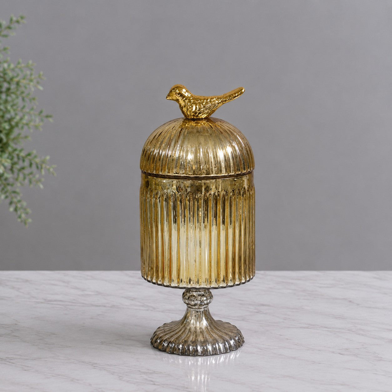 Gold Footed Glass Jar | Bird Dome Lid — Castle Crafts