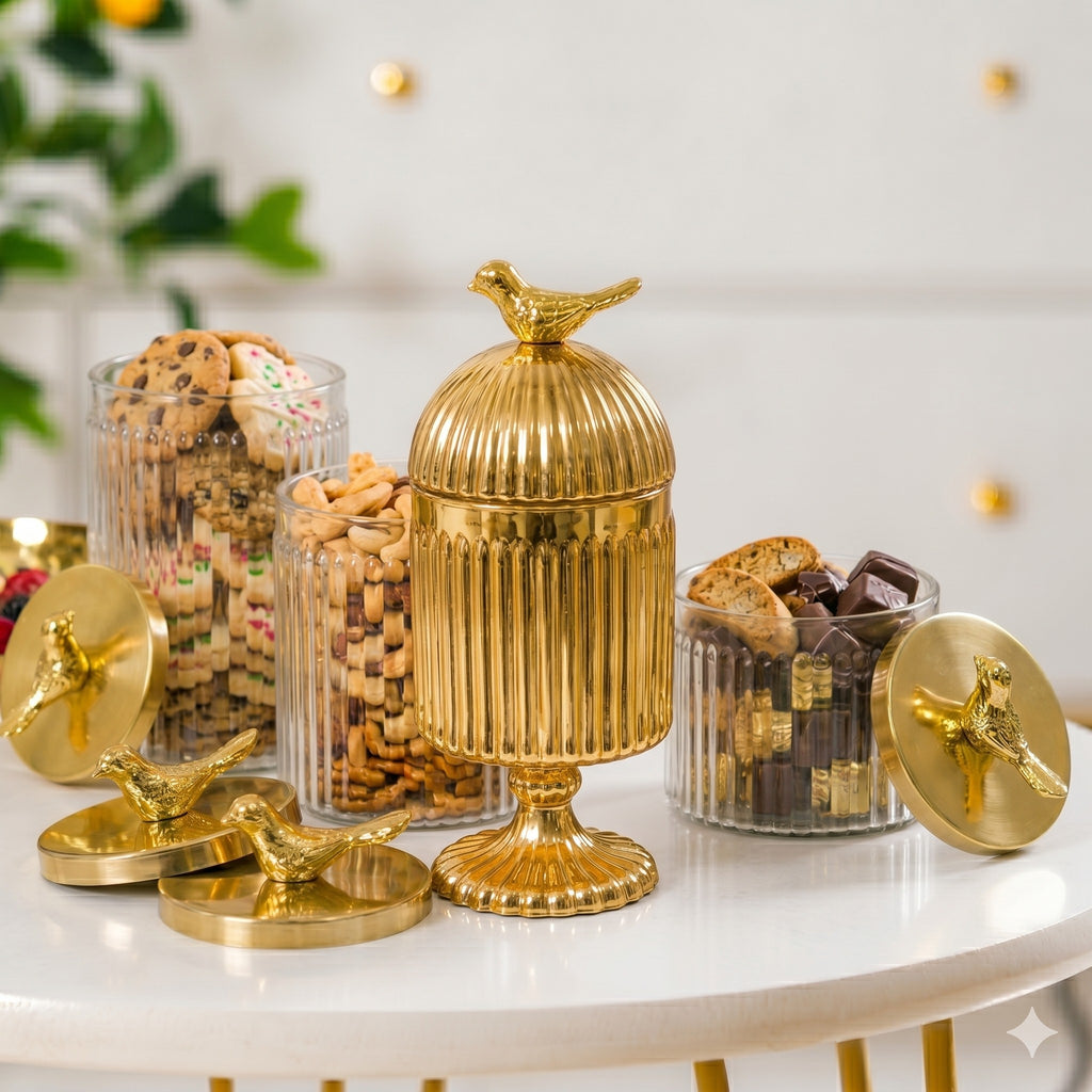 Gold Footed Glass Jar | Bird Dome Lid — Castle Crafts