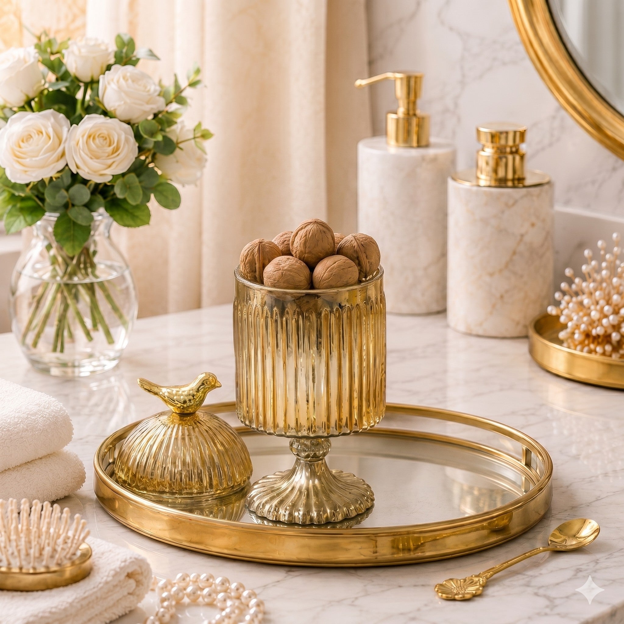 Gold Footed Glass Jar | Bird Dome Lid — Castle Crafts