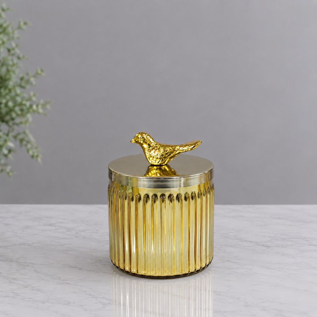 Gold Amber Ribbed Glass Jar | Bird Lid | 2 Sizes — Castle Crafts