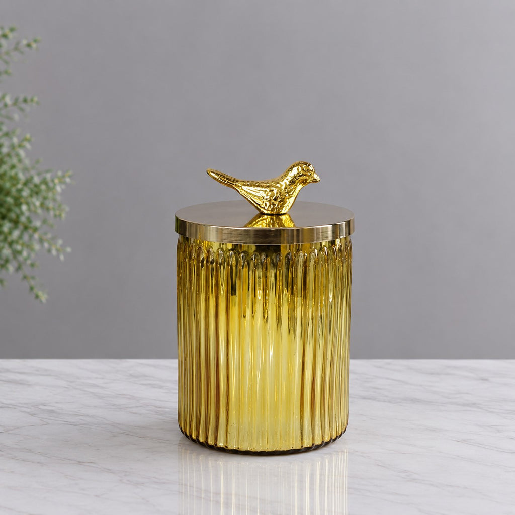 Gold Amber Ribbed Glass Jar | Bird Lid | 2 Sizes — Castle Crafts