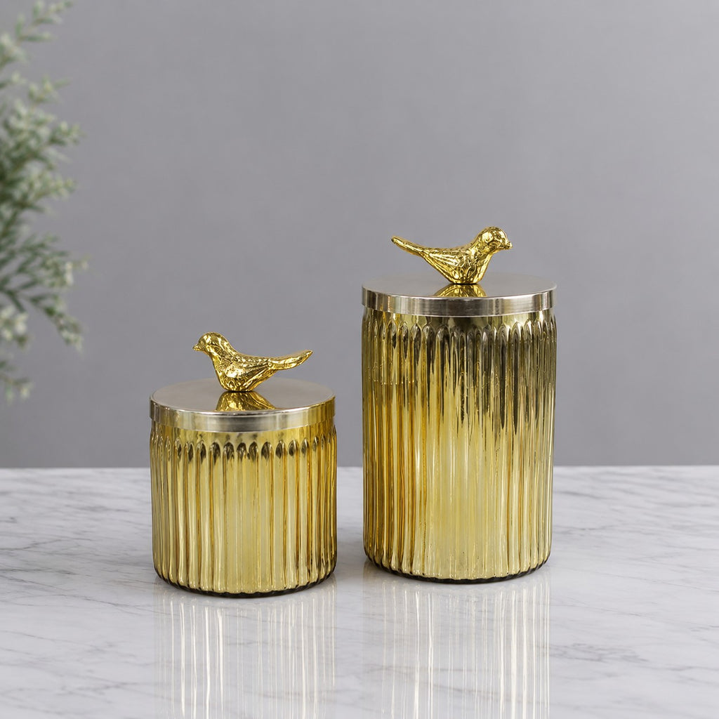 Gold Amber Ribbed Glass Jar | Bird Lid | 2 Sizes — Castle Crafts