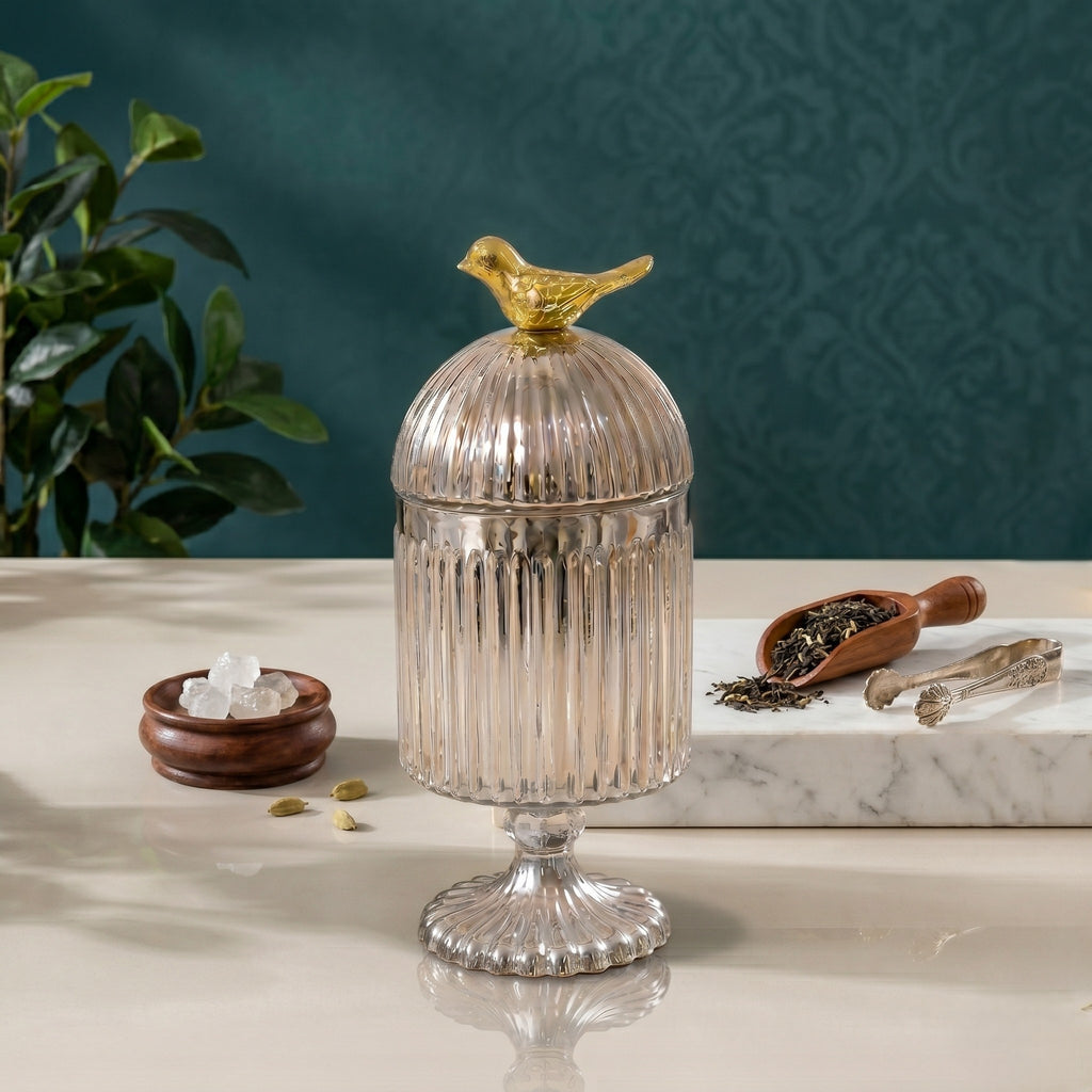 Silver Footed Glass Jar | Bird Dome Lid — Castle Crafts