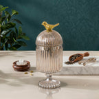 Silver Footed Glass Jar | Bird Dome Lid — Castle Crafts