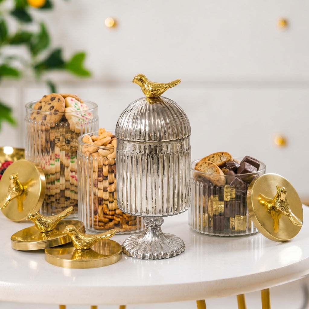 Silver Footed Glass Jar | Bird Dome Lid — Castle Crafts