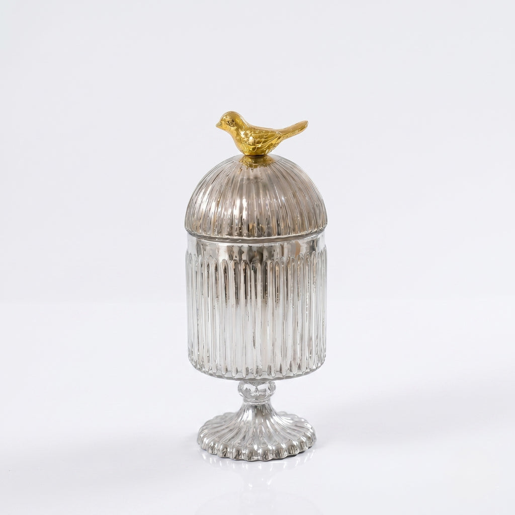 Silver Footed Glass Jar | Bird Dome Lid — Castle Crafts