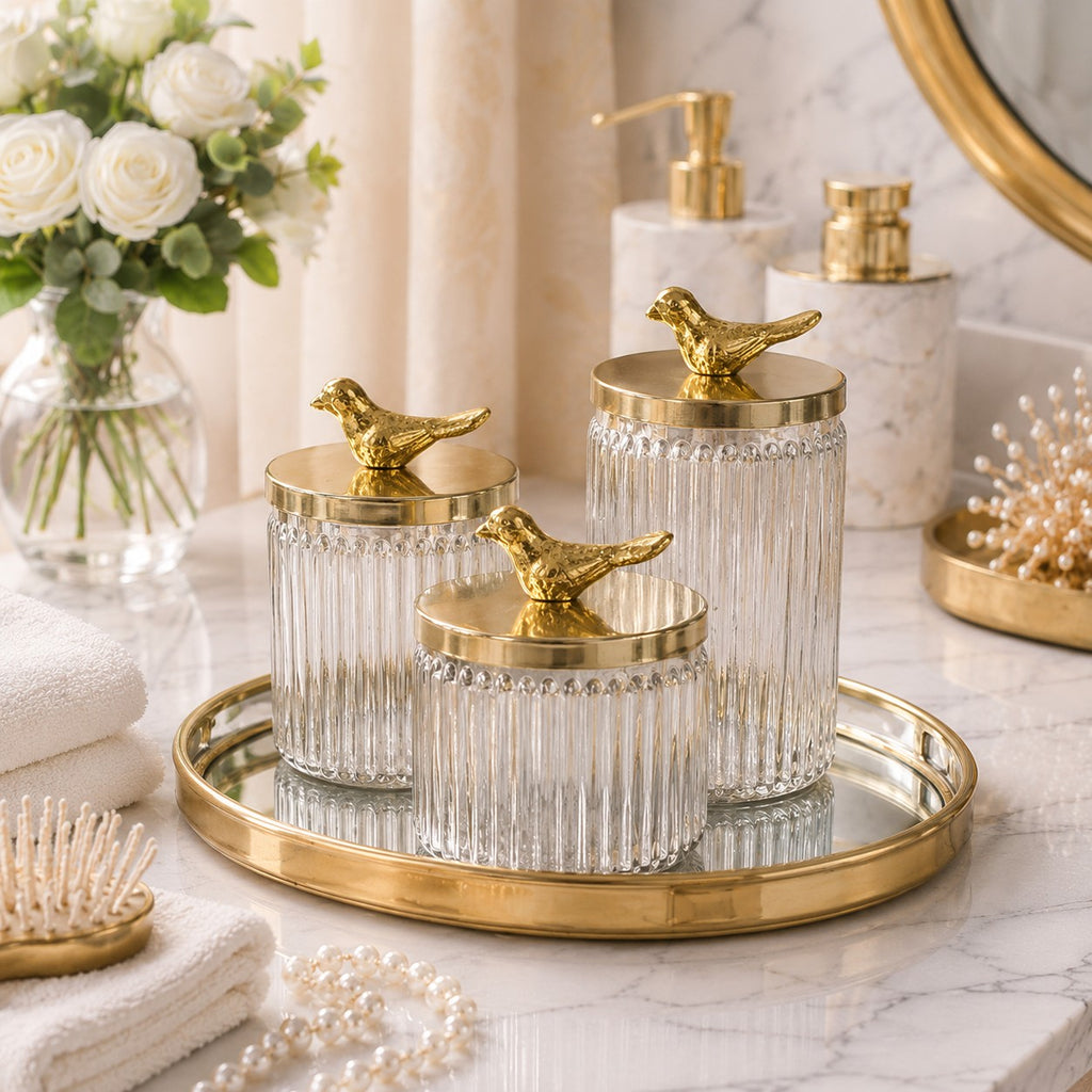 Ribbed Glass Jar | Gold Bird Lid | 3 Sizes — Castle Crafts