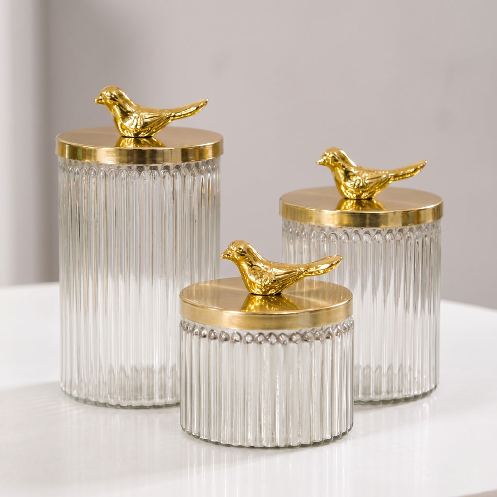 Ribbed Glass Jar | Gold Bird Lid | 3 Sizes — Castle Crafts