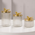 Ribbed Glass Jar | Gold Bird Lid | 3 Sizes — Castle Crafts