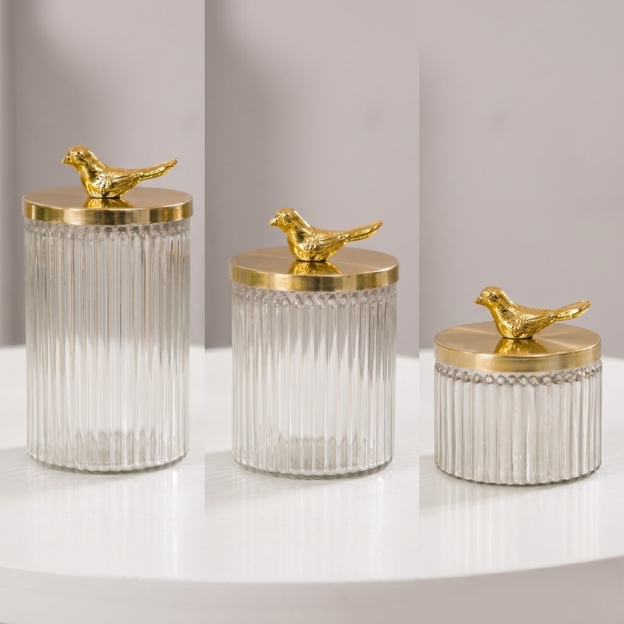 Ribbed Glass Jar | Gold Bird Lid | 3 Sizes — Castle Crafts