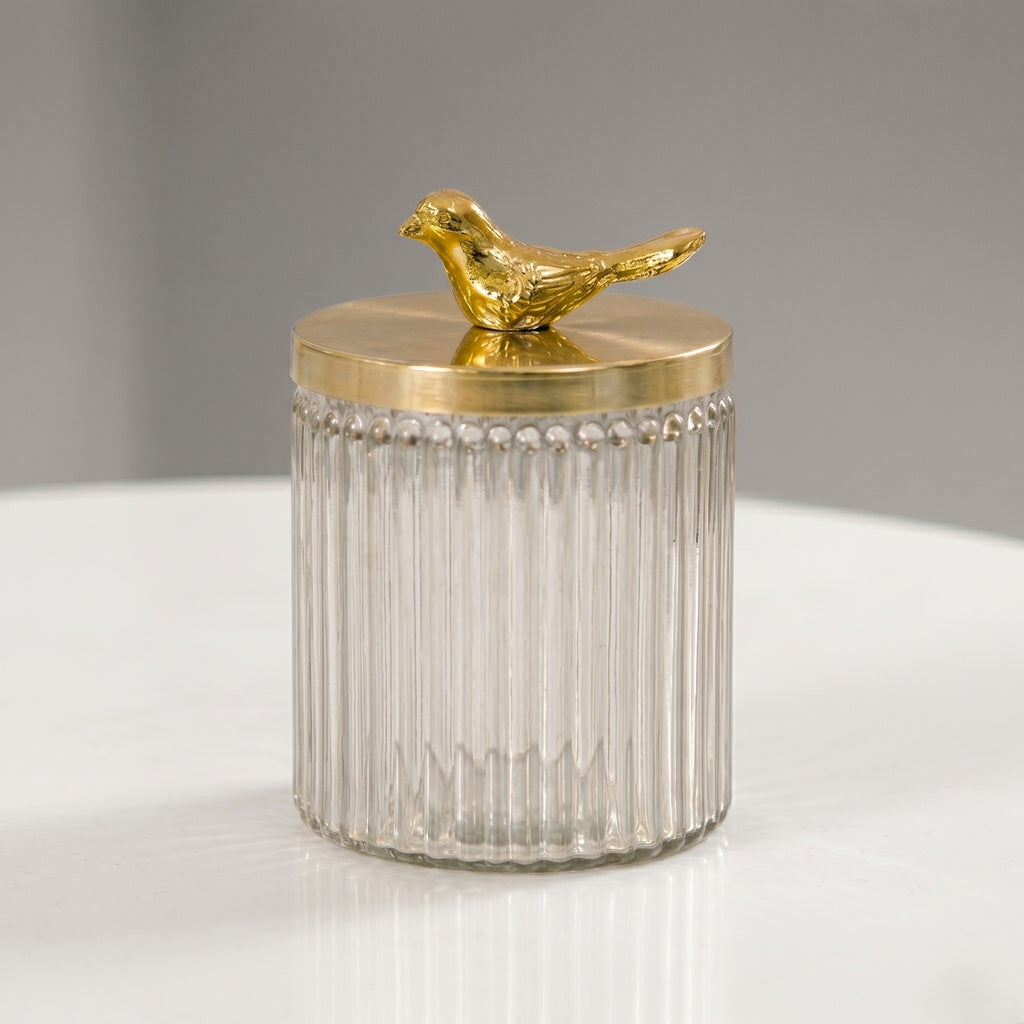 Ribbed Glass Jar | Gold Bird Lid | 3 Sizes — Castle Crafts