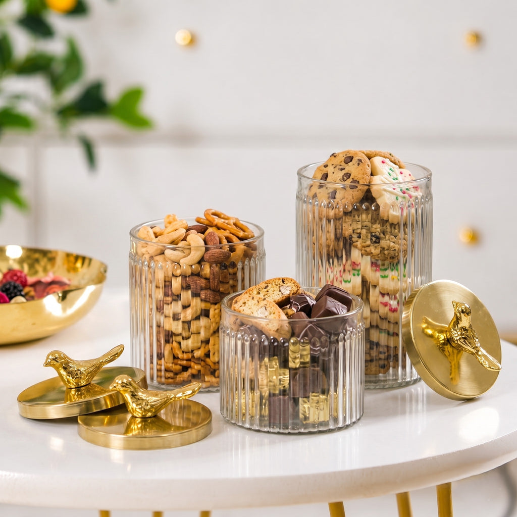 Ribbed Glass Jar | Gold Bird Lid | 3 Sizes — Castle Crafts