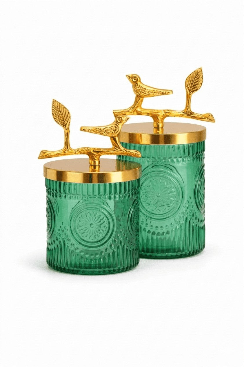 Green Medallion Glass Jar | Bird Lid | 2 Sizes — Castle Crafts