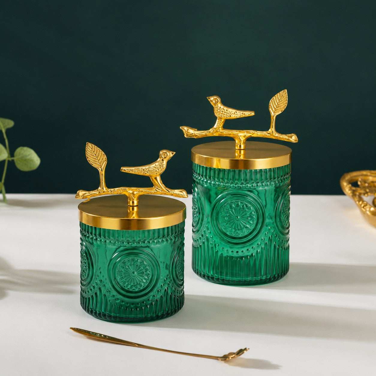Green Medallion Glass Jar | Bird Lid | 2 Sizes — Castle Crafts