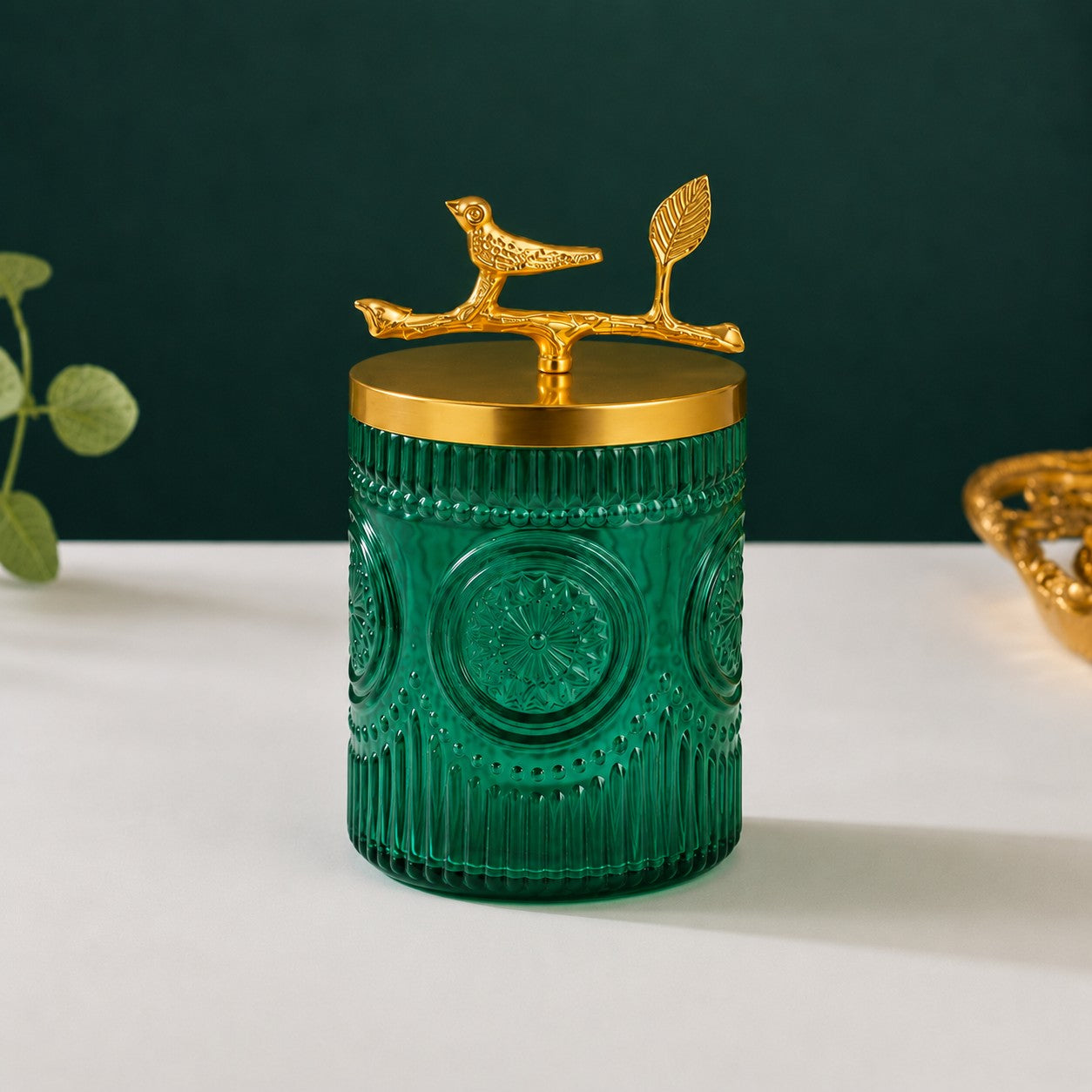 Green Medallion Glass Jar | Bird Lid | 2 Sizes — Castle Crafts
