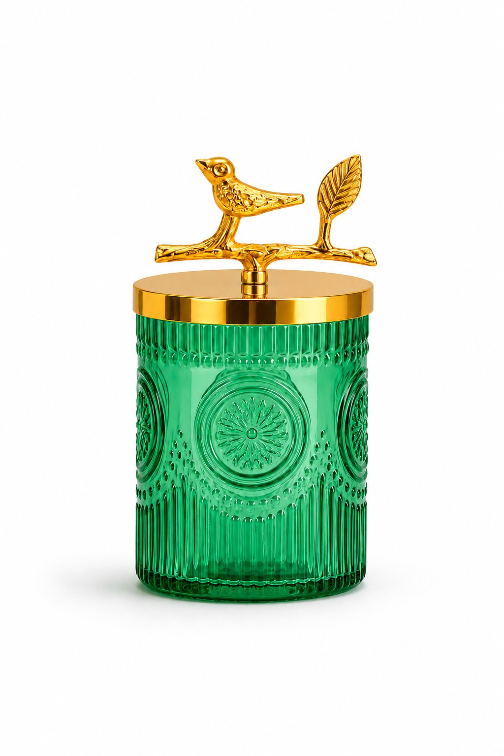 Green Medallion Glass Jar | Bird Lid | 2 Sizes — Castle Crafts