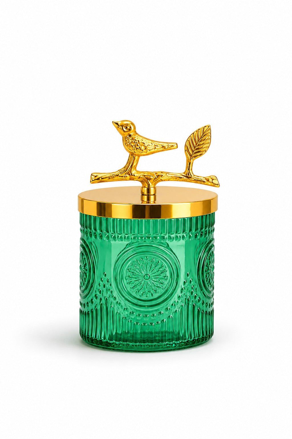 Green Medallion Glass Jar | Bird Lid | 2 Sizes — Castle Crafts